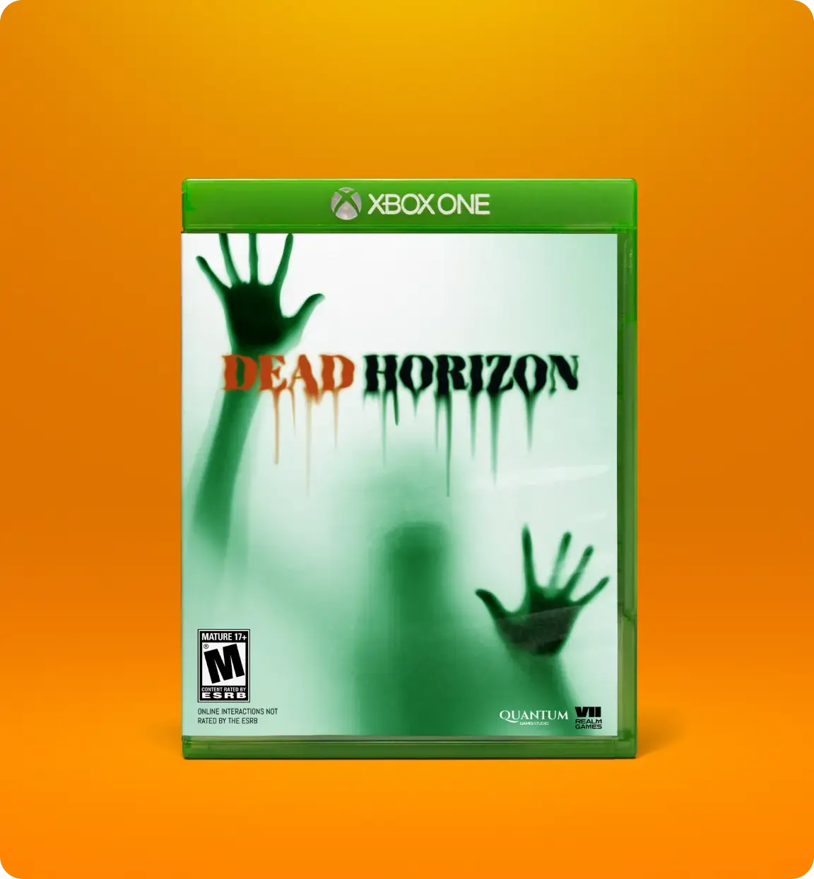 XBOX ONE game cover art featuring two green-tinted hands belonging to a blurry green figure pressed against a foggy glass surface, with the title 'Dead Horizon' in red and black letters. The game is rated M for Mature by the ESRB, and logos for Quantum and another company are visible at the bottom right.